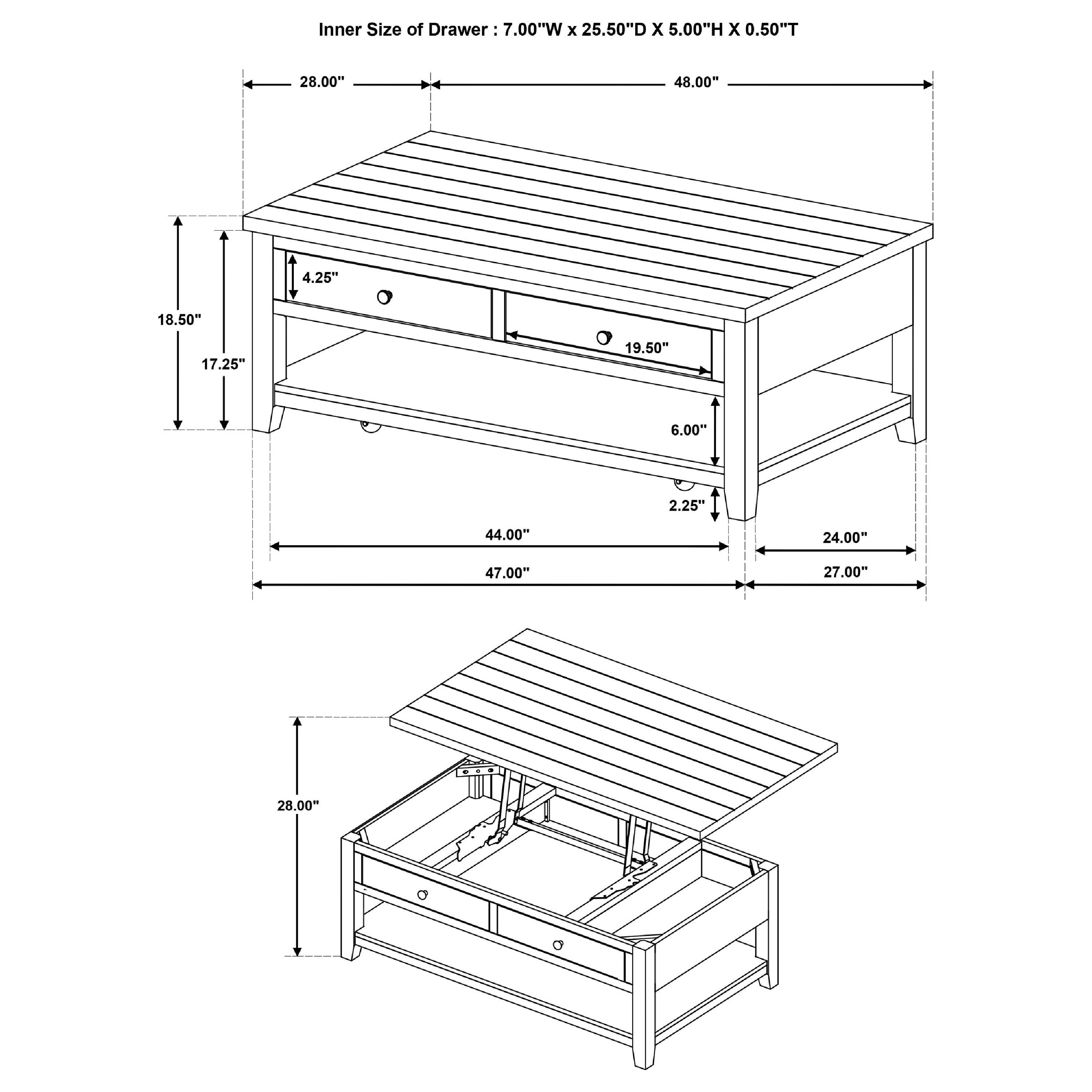 Inner Size of Drawer: 7.00"W X 25.50"D X 5.00"H X 0.50"T

28.00"
48.00"
4.25"
18.50"
17.25"
19.50"
6.00"
2.25"
44.00"
24.00"
47.00"
27.00"
28.00"