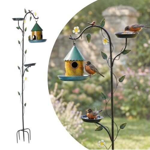 Front. Winado - 75in Height 3-in-1 Metal Bird Bath Freestanding with Bird House, Stakes, Bird Feeder for Outdoor Patio Garden Yard Lawn - Bronze-Hanging House.
