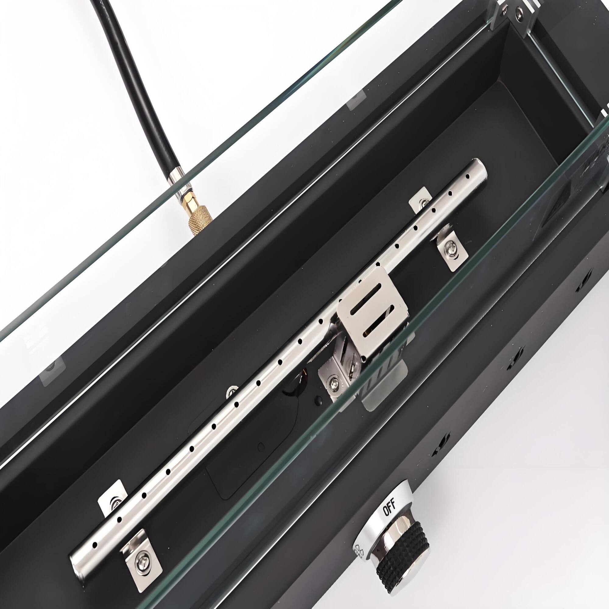 Back. Lirago - 28" Table Top Fire Pit, 40000 BTU Outdoor Propane Fire Pit with Wind Guard, Durable Iron Fire Bowl with Glass Beads - Black.