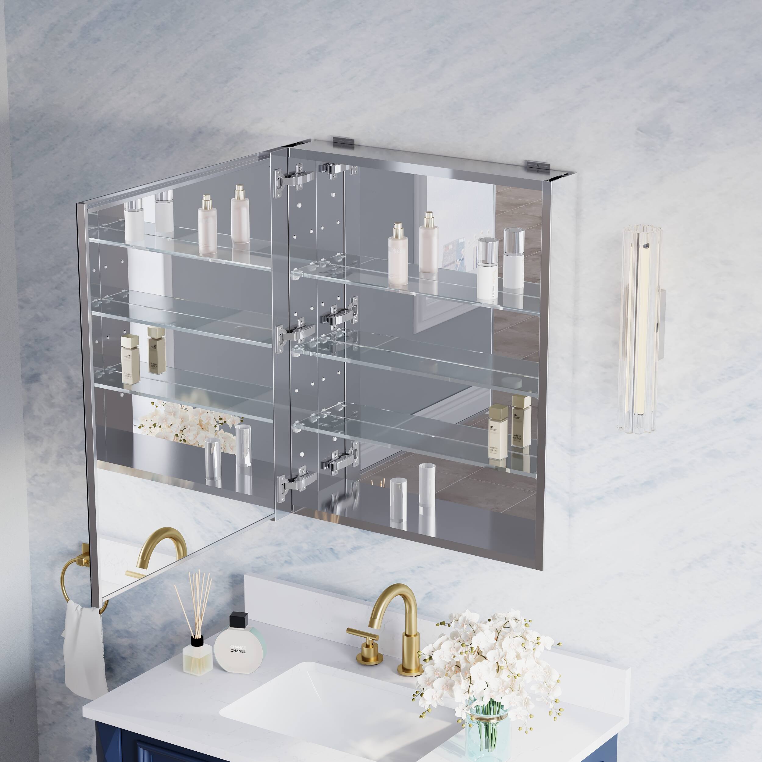 Alt View 9. WELLFOR - 24 in. W x 30 in. H Rectangular Aluminum Tri-View Beveled-Edge Medicine Cabinet with Mirror, Soft-Close BLUM Hinge - Silver.