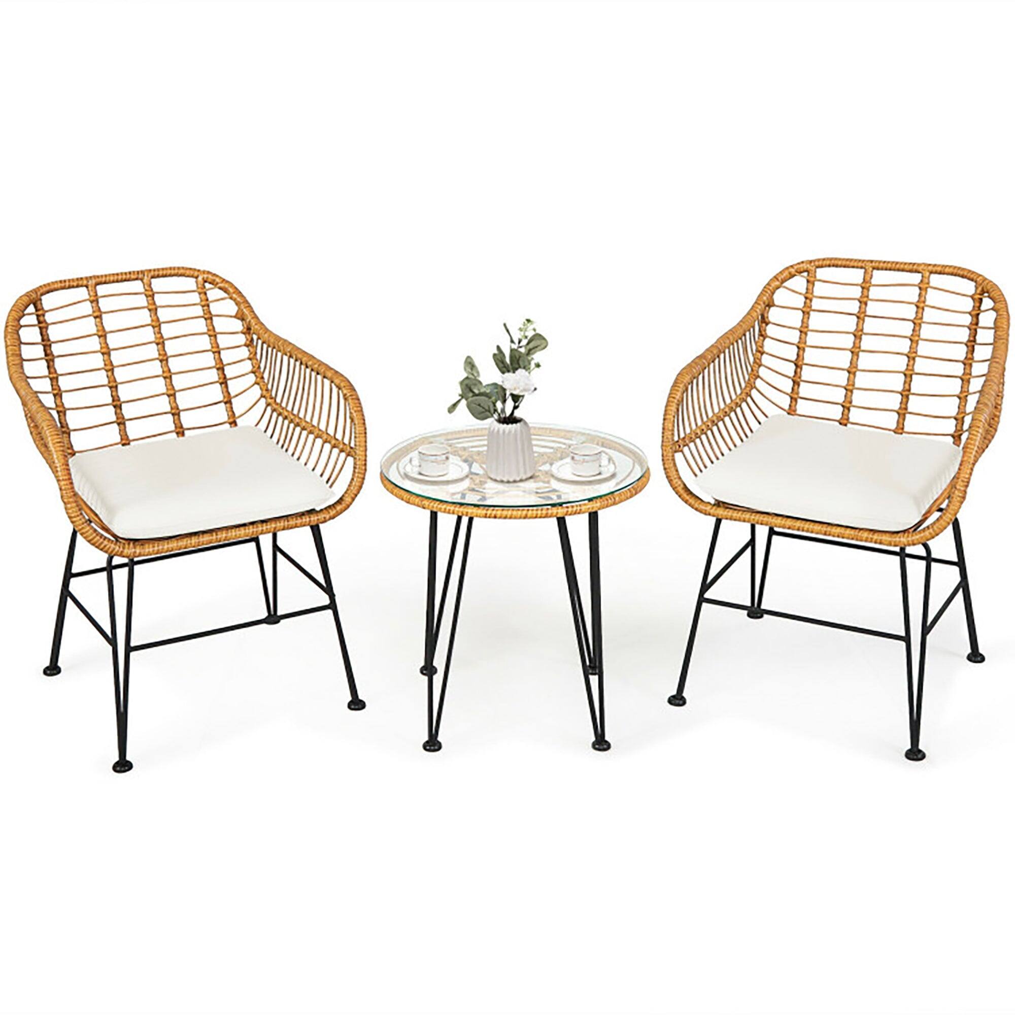 Boyel Living - 3 Pieces Rattan Furniture Set with Cushioned Chair Table - White