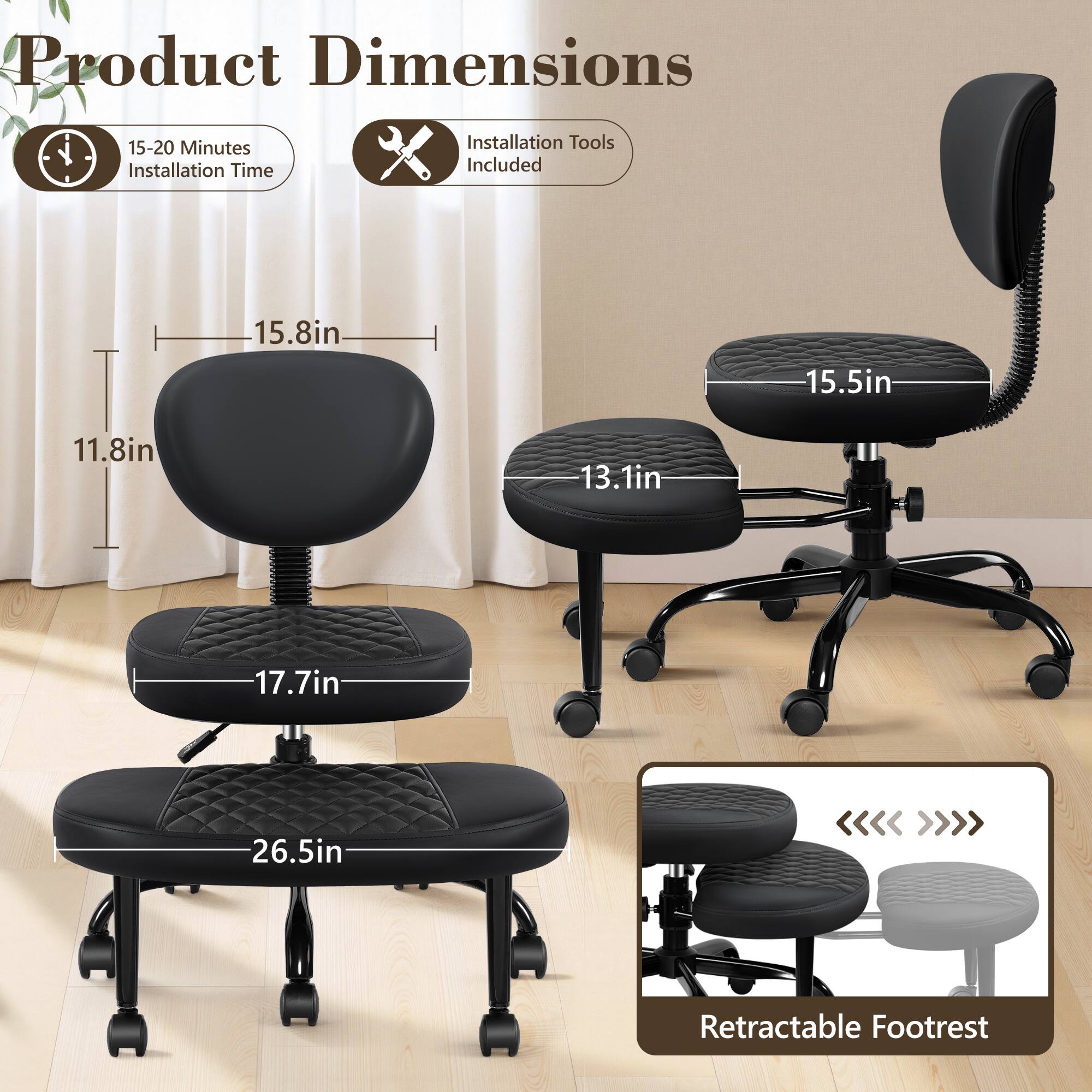 Product Dimensions, 15-20 Minutes Installation Time, Installation Tools Included, 15.8in, 15.5in, 11.8in, 13.1in, 17.7in, 26.5in, Retractable Footrest