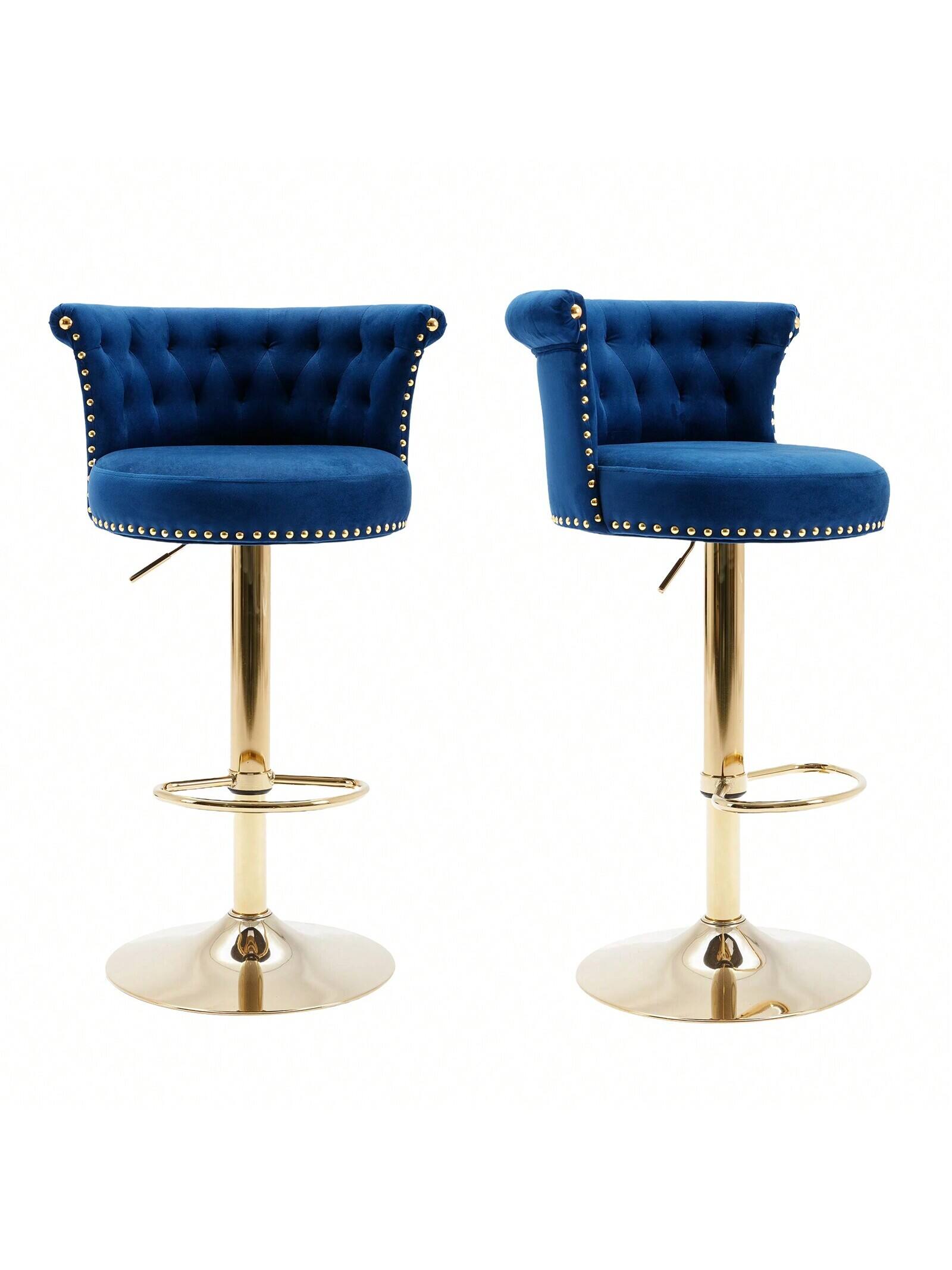 Front. Trinkets Crazed - Velvet Bar Stools Set of 2, Modern Swivel Adjustable Counter Height Gold Barstools with Backs, Upholstered Bar Chairs - Navy.