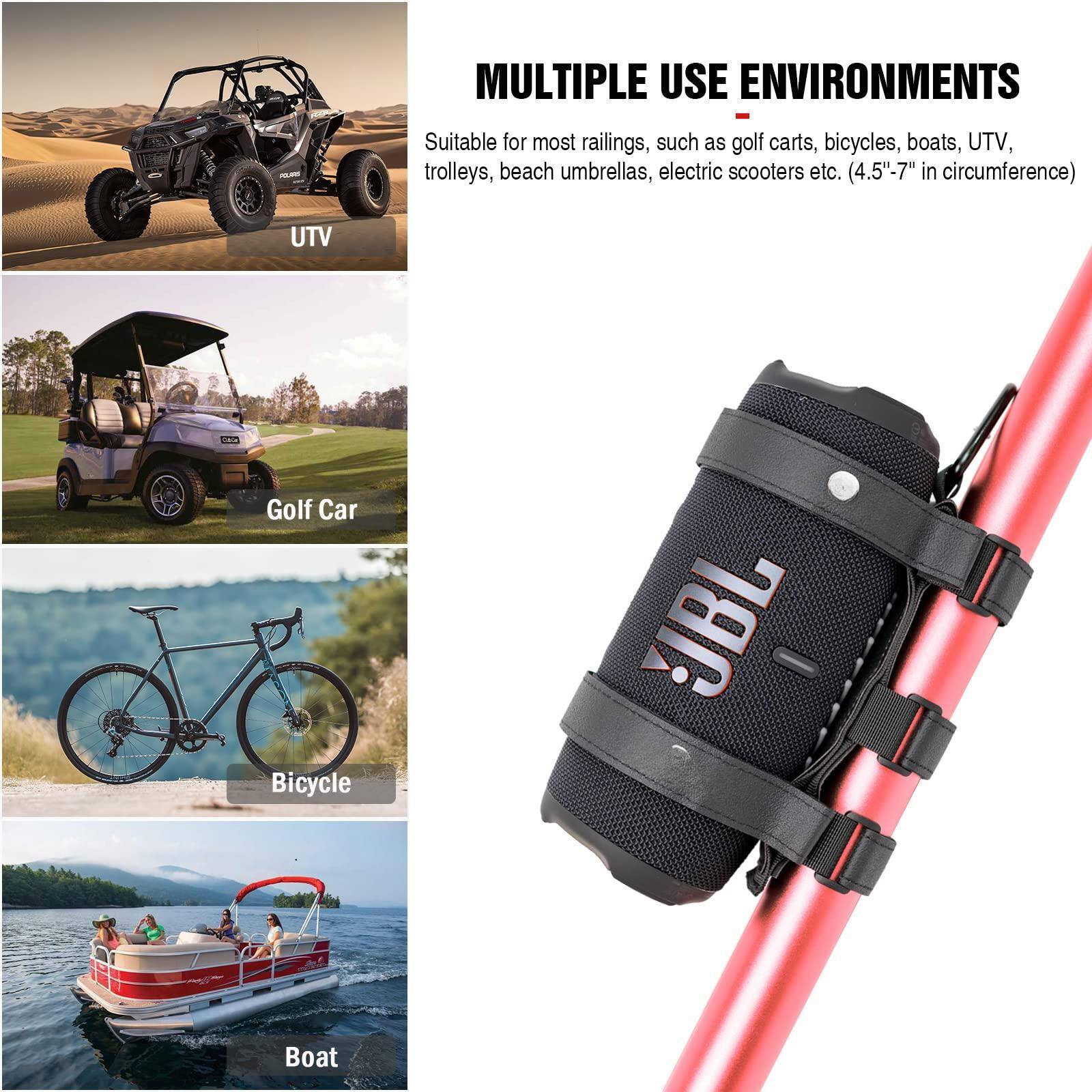 MULTIPLE USE ENVIRONMENTS

Suitable for most railings, such as golf carts, bicycles, boats, UTV, trolleys, beach umbrellas, electric scooters etc. (4.5"-7" in circumference)

- UTV
- Golf Car
- Bicycle
- Boat