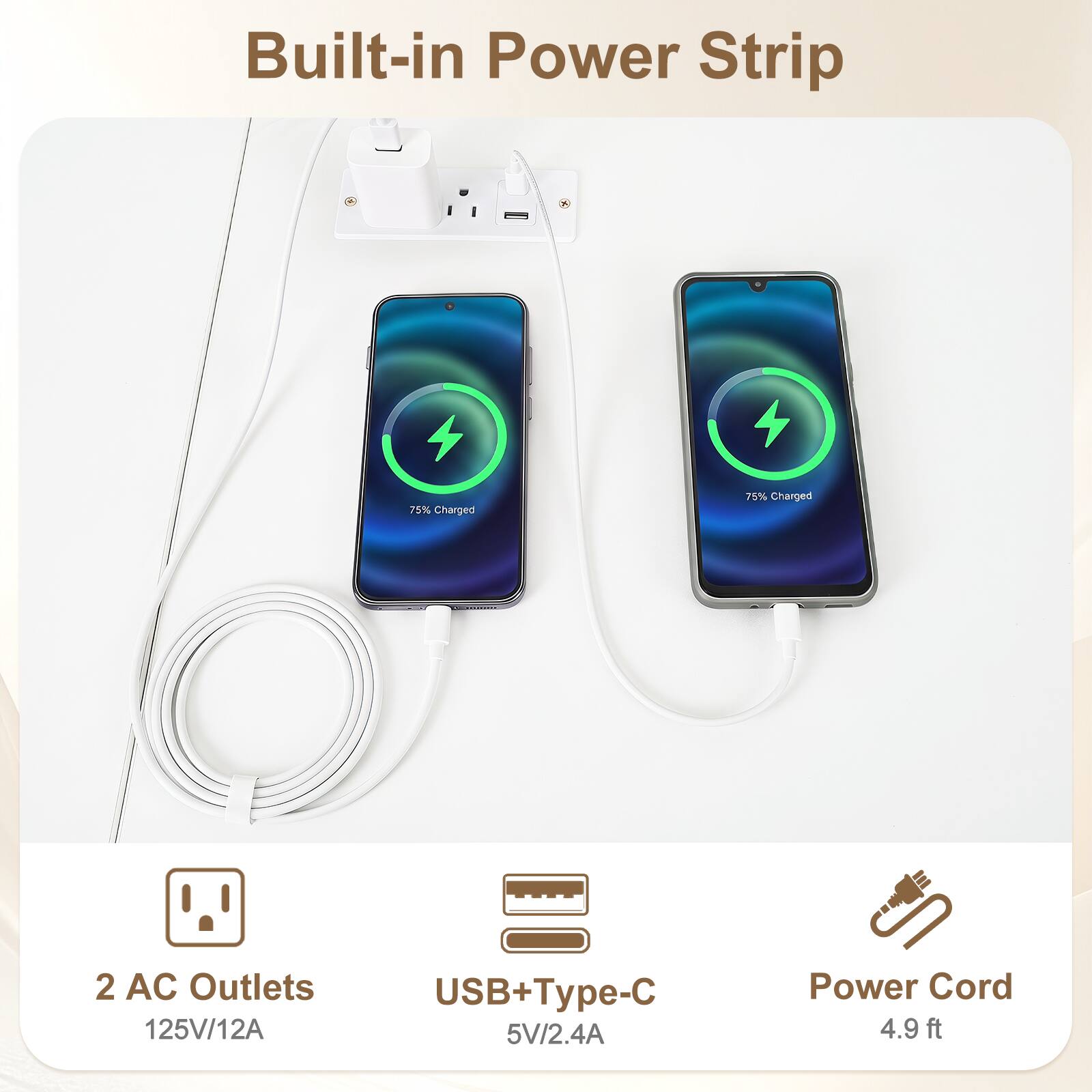 Built-in Power Strip

- 2 AC Outlets: 125V/12A
- USB+Type-C: 5V/2.4A
- Power Cord: 4.9 ft
