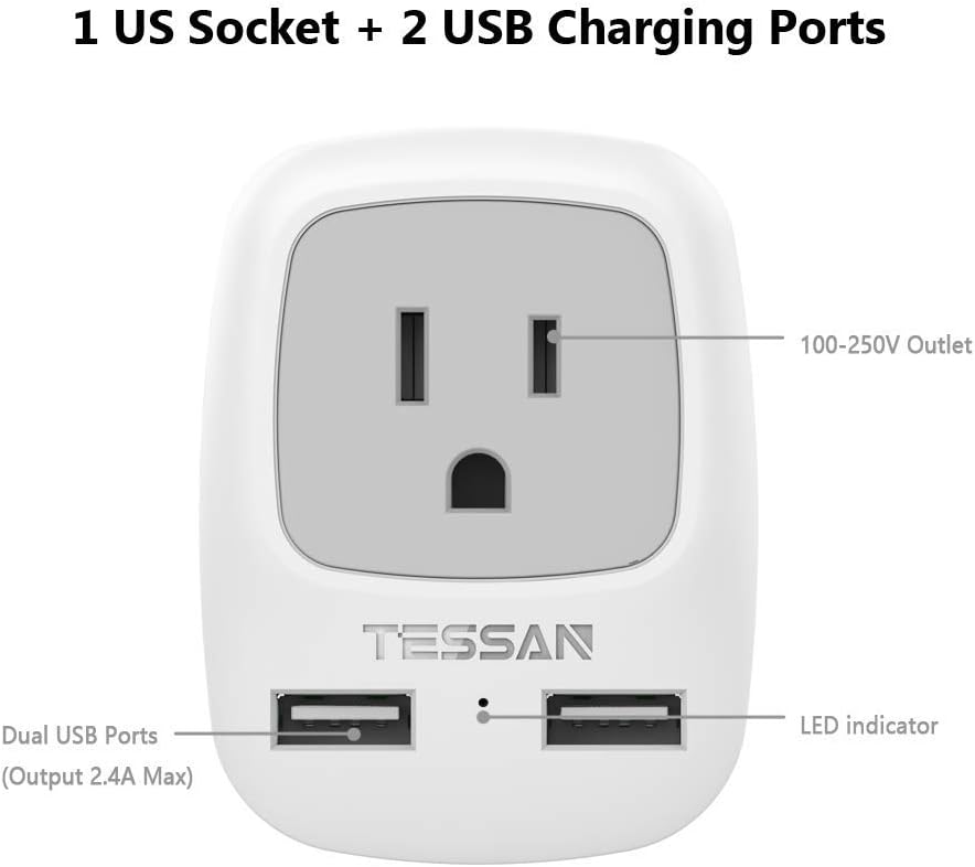 1 US Socket + 2 USB Charging Ports  
100-250V Outlet  
TESSAN Dual USB Ports (Output 2.4A Max)  
LED indicator