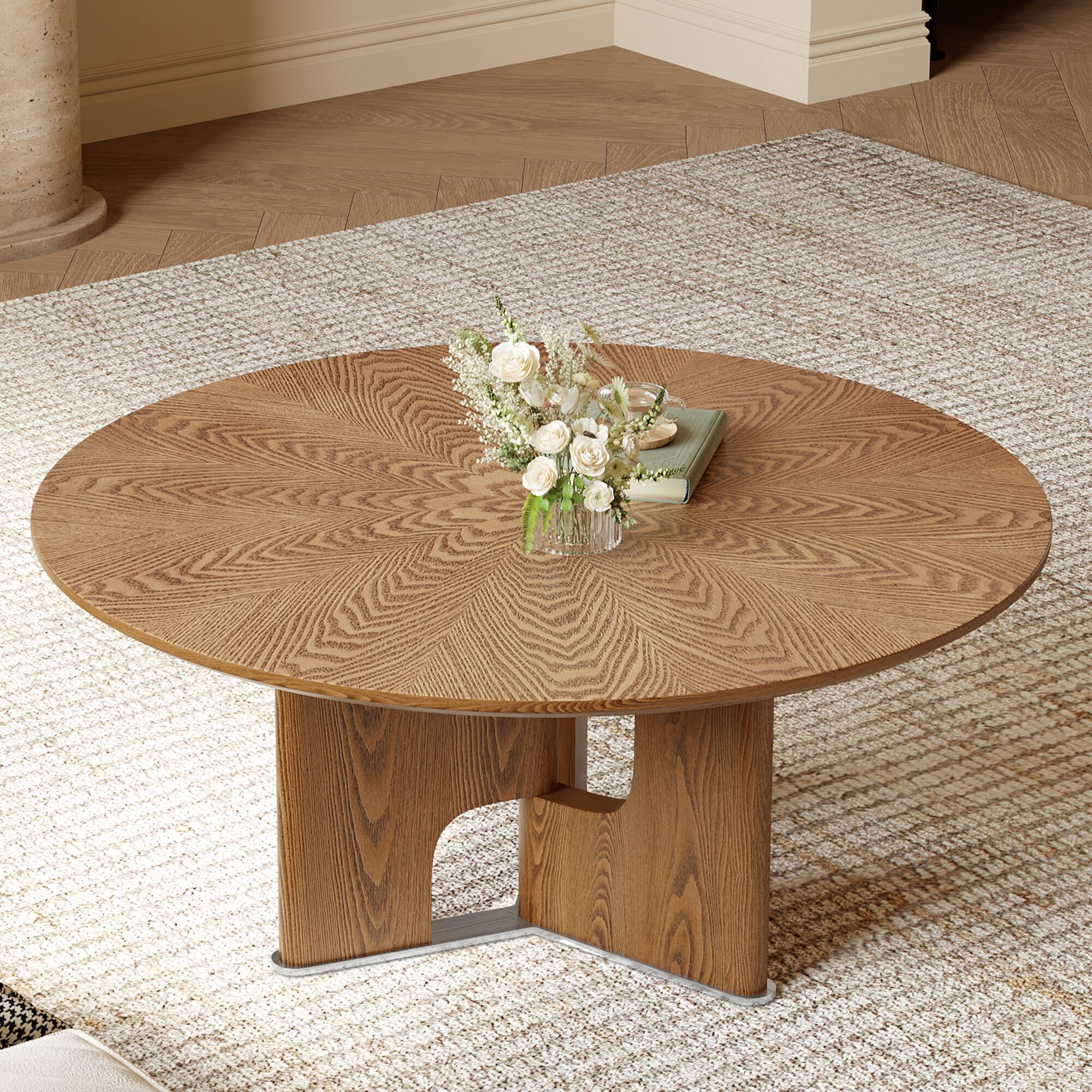 Front. Tiramisubest - 31.5 Inches Round Rustic Ash Wood Veneer Coffee Table for Small Living Room - Walnut.