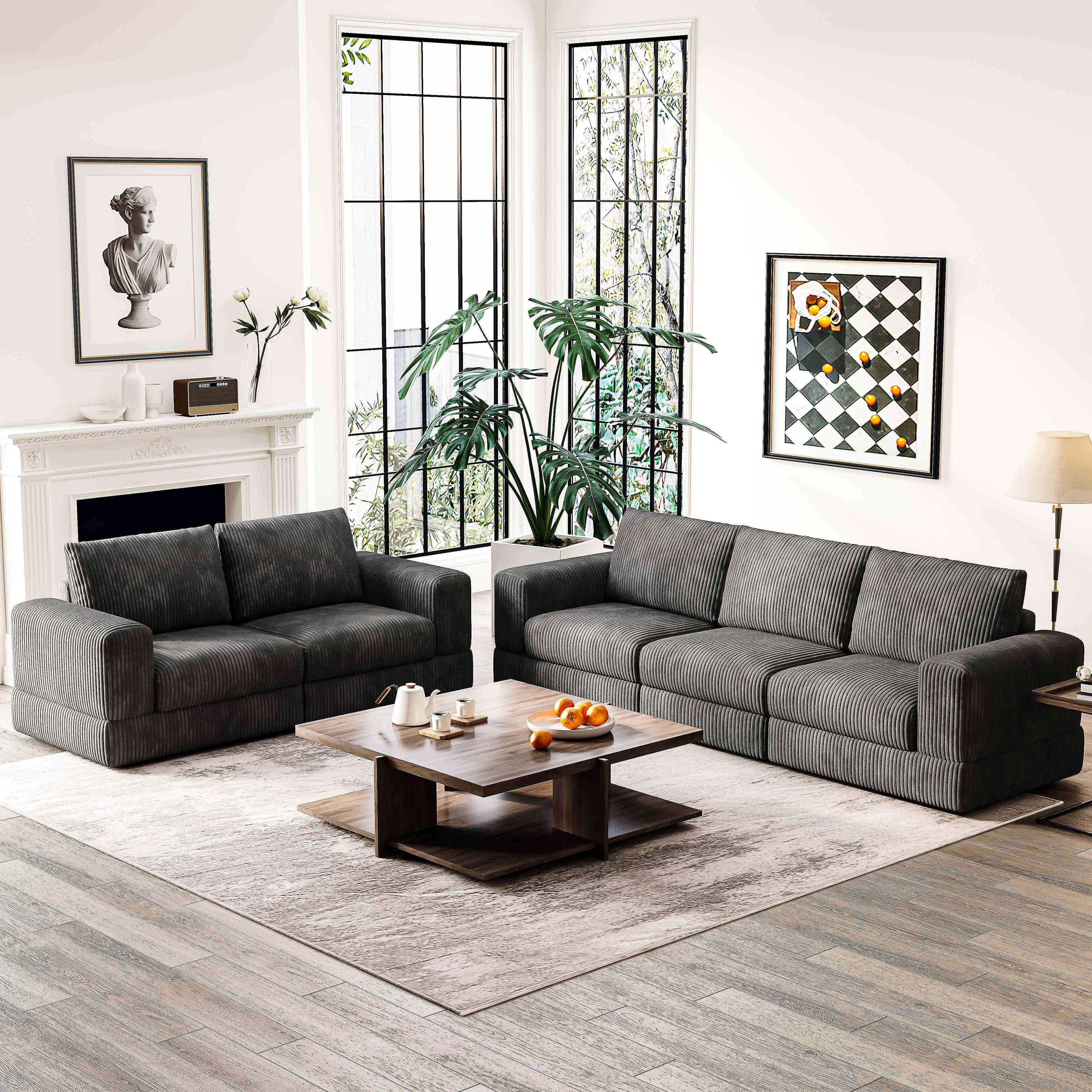 Alt View 1. MSOOB - 107" Corduroy Sectionals Sofa, 3 Seater Modern Modular Oversized Upholstered Couch with Comfy Deep Seat for Living Room - Dark.