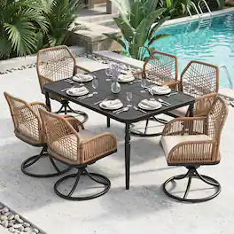 Nuu Garden - Outdoor 7PCS Dining Set, Swivel Chairs with Beige Cushions - Twisted Rattan