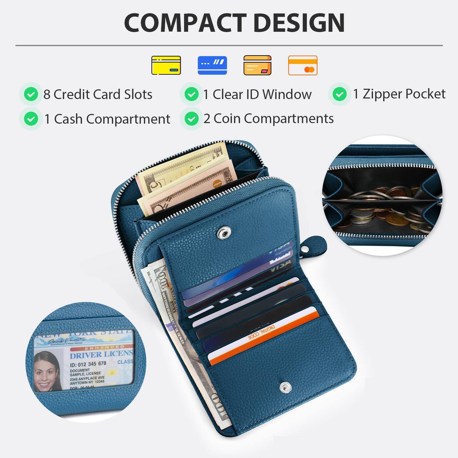 COMPACT DESIGN

- 8 Credit Card Slots
- 1 Cash Compartment
- 1 Clear ID Window
- 2 Coin Compartments
- 1 Zipper Pocket

ENHANCED DRIVER LICENSE

ID: 012 345 678
CLASS D
DOCUMENT SAMPLE LICENSE
ANYPLACE AVE
ANYTOWN NY 12345
01/01/2020

VISA DIGITAL CODE