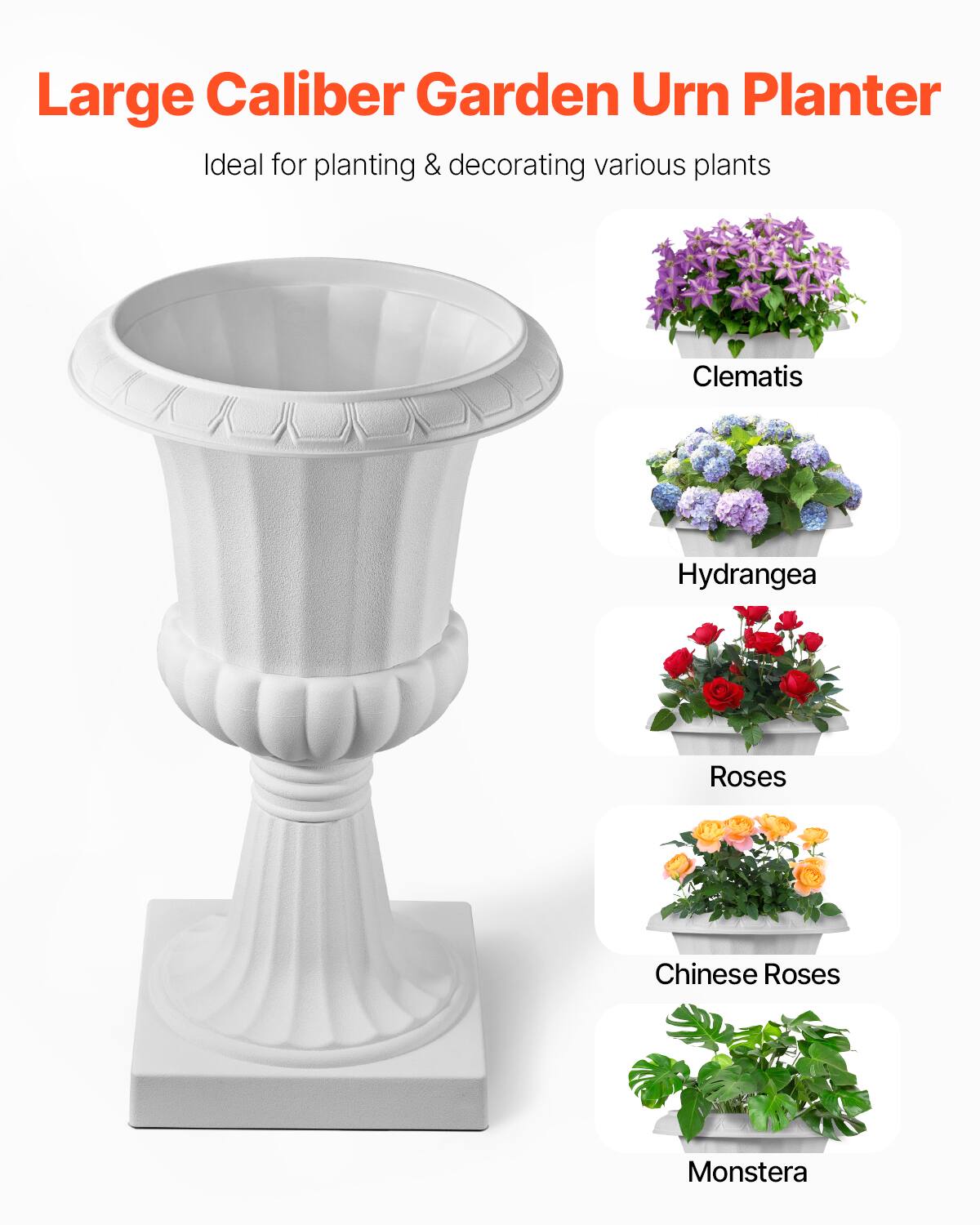 Large Caliber Garden Urn Planter  
Ideal for planting & decorating various plants  

- Clematis  
- Hydrangea  
- Roses  
- Chinese Roses  
- Monstera