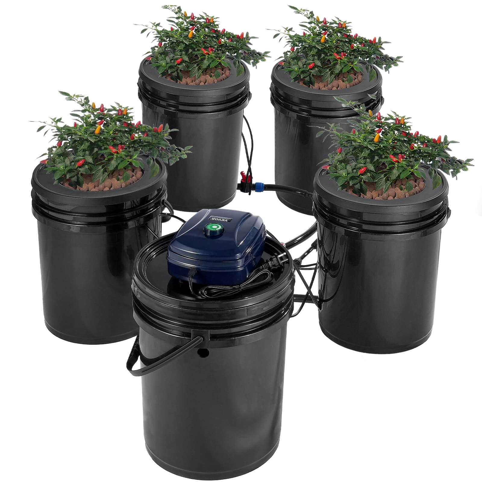 VEVOR - RDWC Hydroponics Grow System, Hydroponic Growing Kit with Top Drip, Recirculating Deep Water Culture 4 Buckles - Black