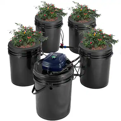 Front. VEVOR - RDWC Hydroponics Grow System, Hydroponic Growing Kit with Top Drip, Recirculating Deep Water Culture 4 Buckles - Black.