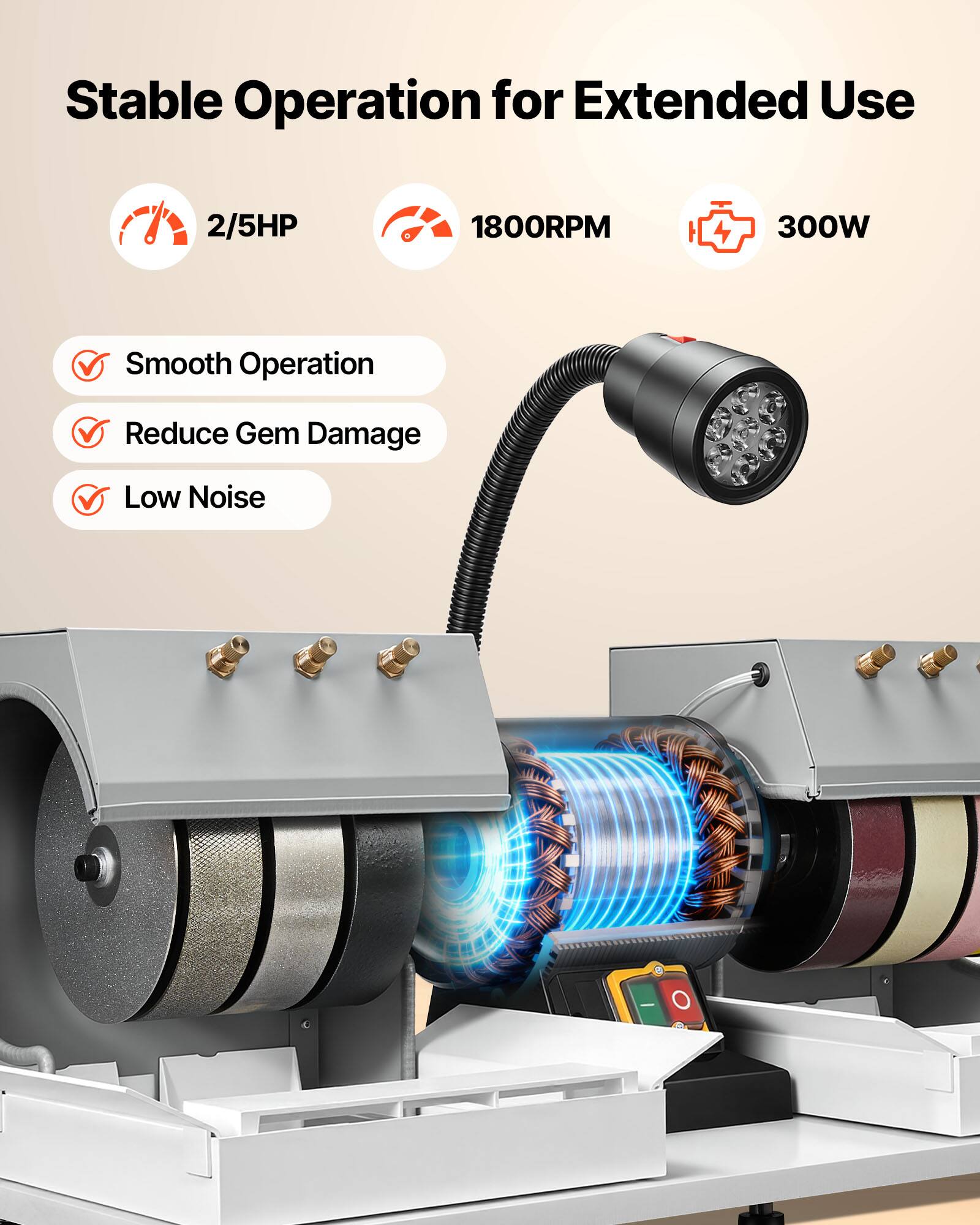 Stable Operation for Extended Use

2/5HP  
1800RPM  
300W

- Smooth Operation
- Reduce Gem Damage
- Low Noise