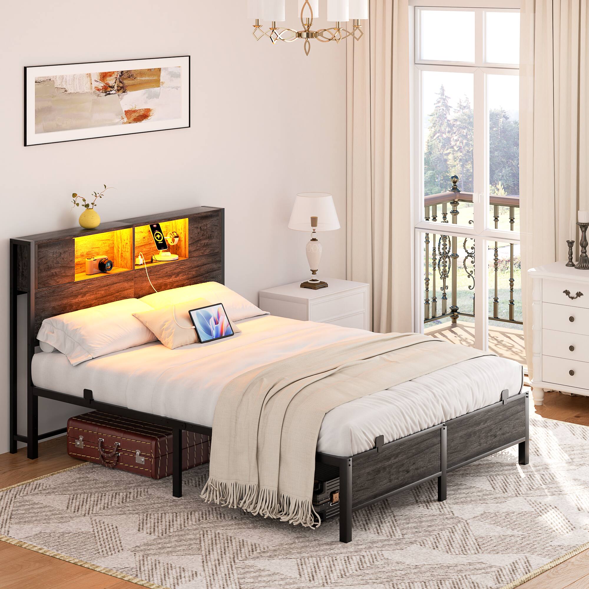 Alt View 2. Aheaplus - Industrial Metal Bed Frame: Storage Headboard / Charging, LED Lights, Steel Slats, No Box Spring, Easy Assembly - Black Oak.