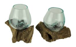 Zeckos - Molten Glass On Teak Driftwood Decorative Bowl Vase Terrarium Planter Set of 2 - Brown