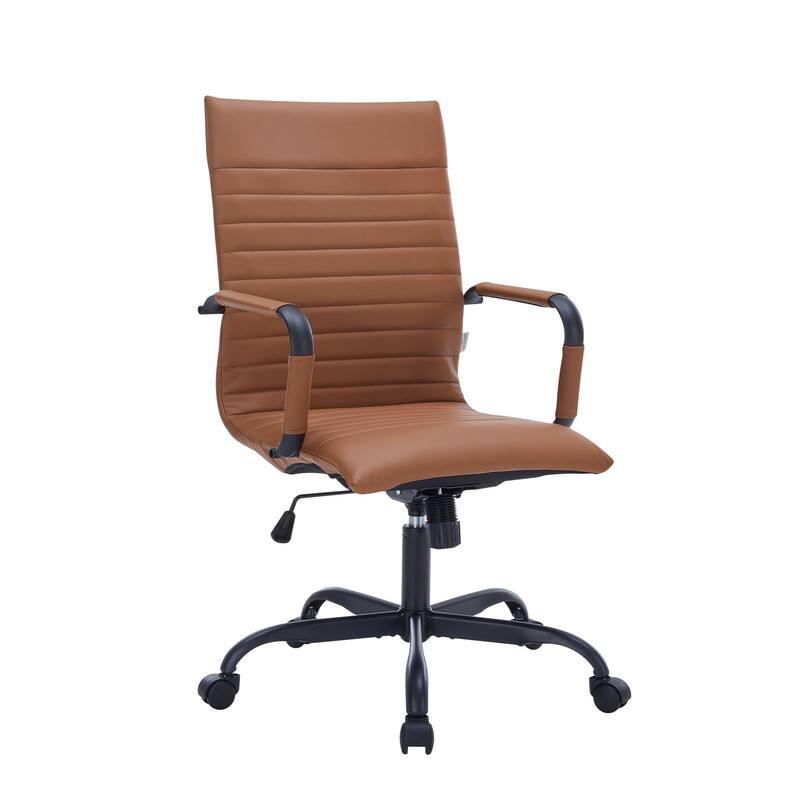 LeisureMod - Harris Mid-Back Leather Office Chair Adjustable Height Tilt in Black Stainless Steel 360-Degree Swivel - Light Brown