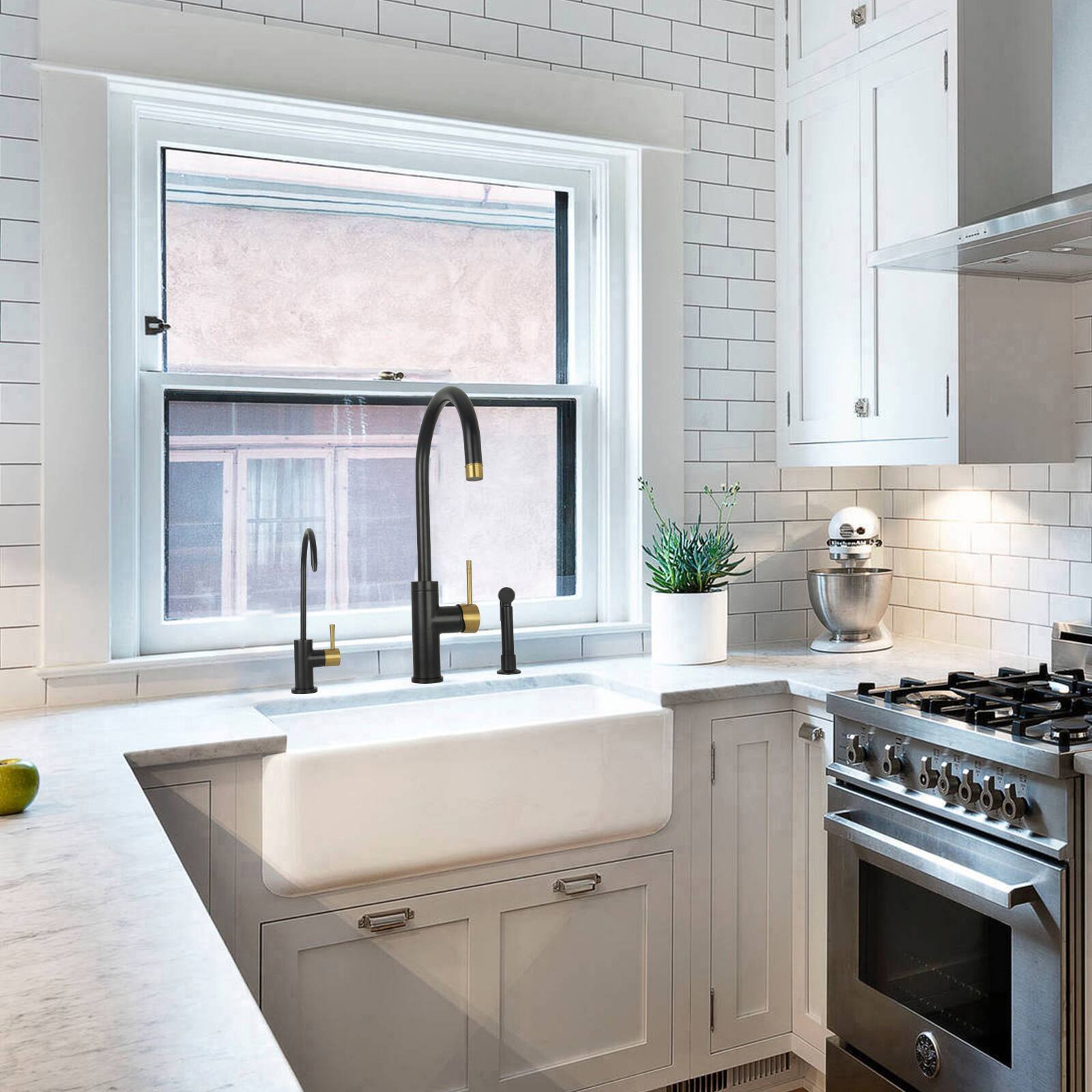 Alt View 7. Akicon - Akicon Solid Brass Single Handle 360° Swivel Widespread Kitchen Faucet with Side Sprayer in Matte Black & Brushed Gold - Matte Black & Brushed Gold.