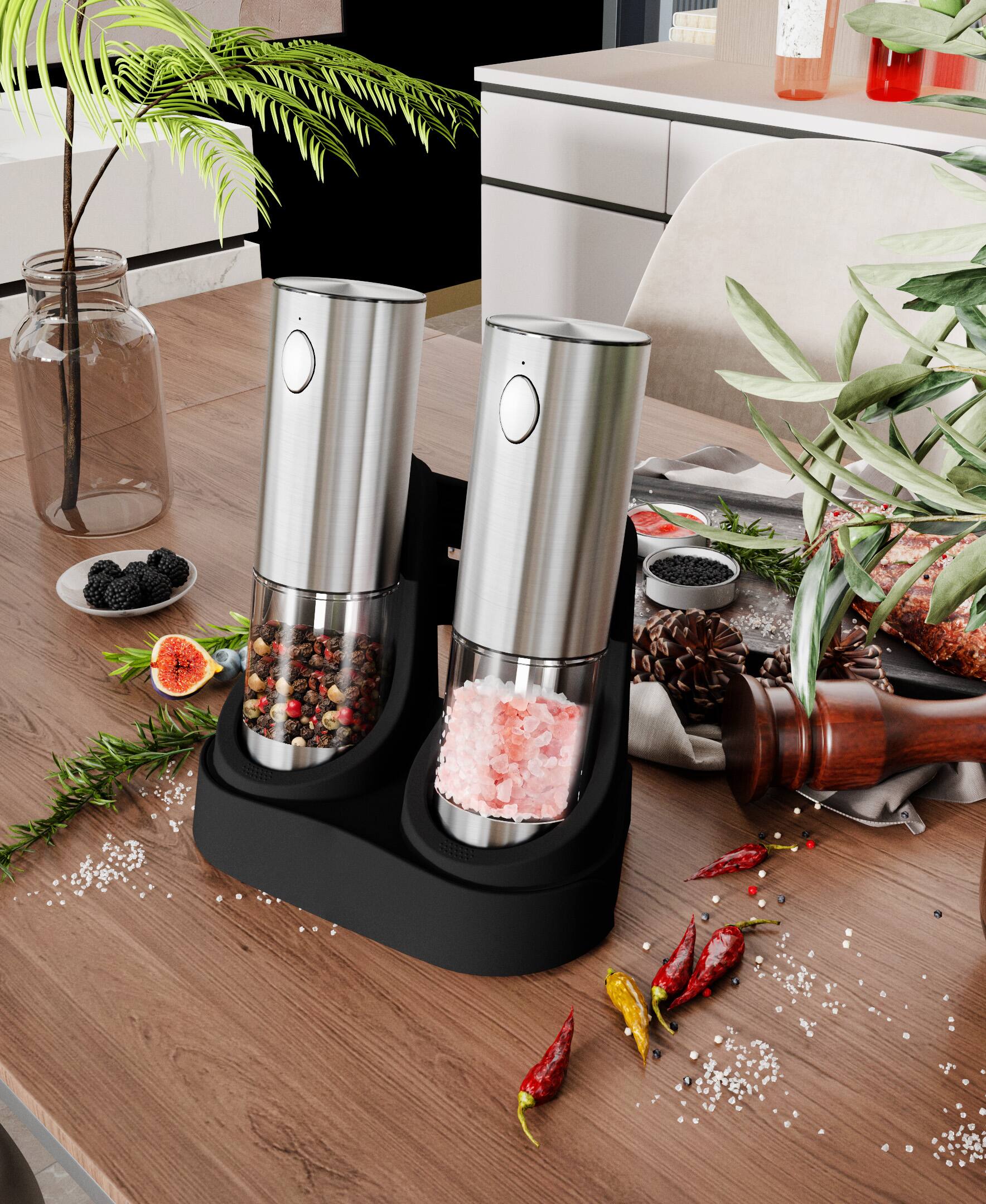 Alt View 1. Sugift - Electric Salt and Pepper Grinder Set with Charging Base, Stainless Steel Adjustable Mills - Silver.