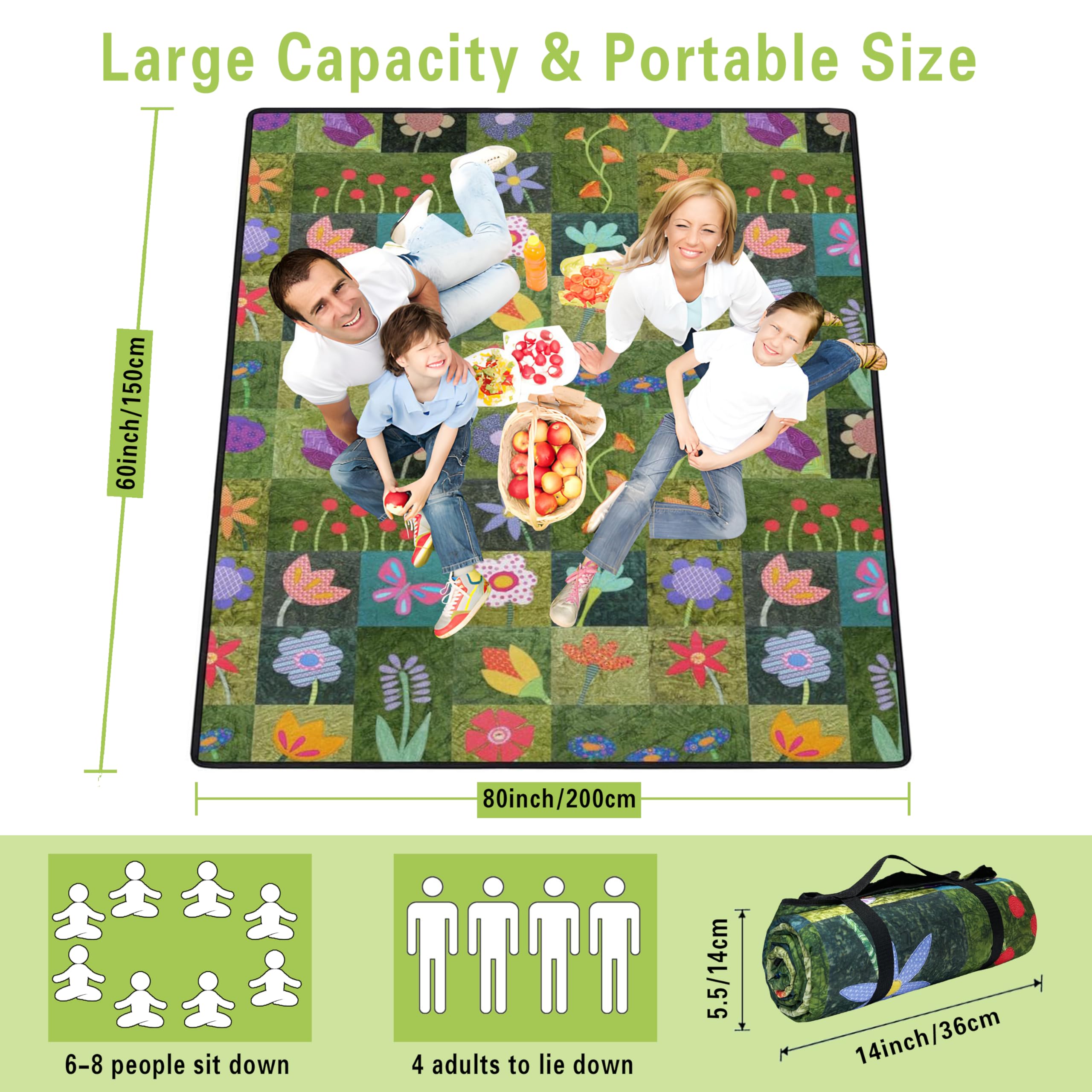 Large Capacity & Portable Size

60inch/150cm  
80inch/200cm

6-8 people sit down  
4 adults to lie down

5.5/14cm  
14inch/36cm