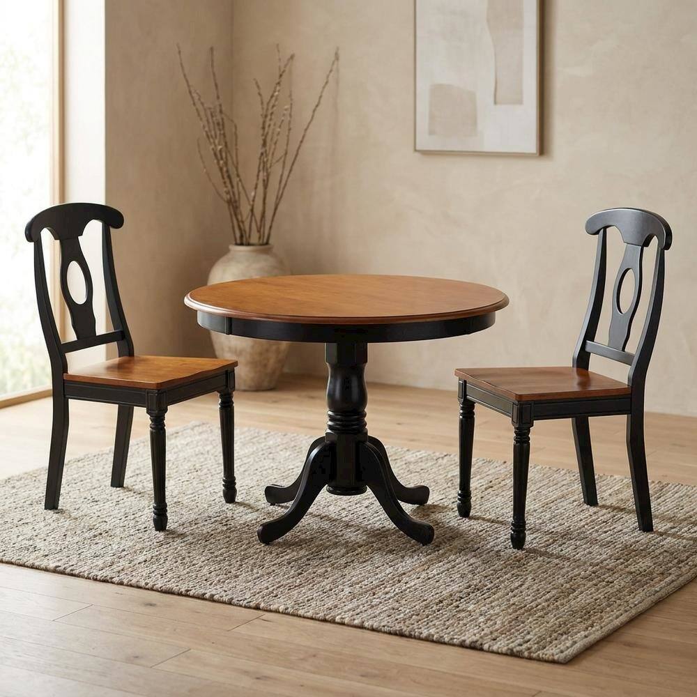 Alt View 1. FurniFact - Small Round Solid Wood Kitchen Table & Chairs 3-Piece Dining Set - Black & Cherry.