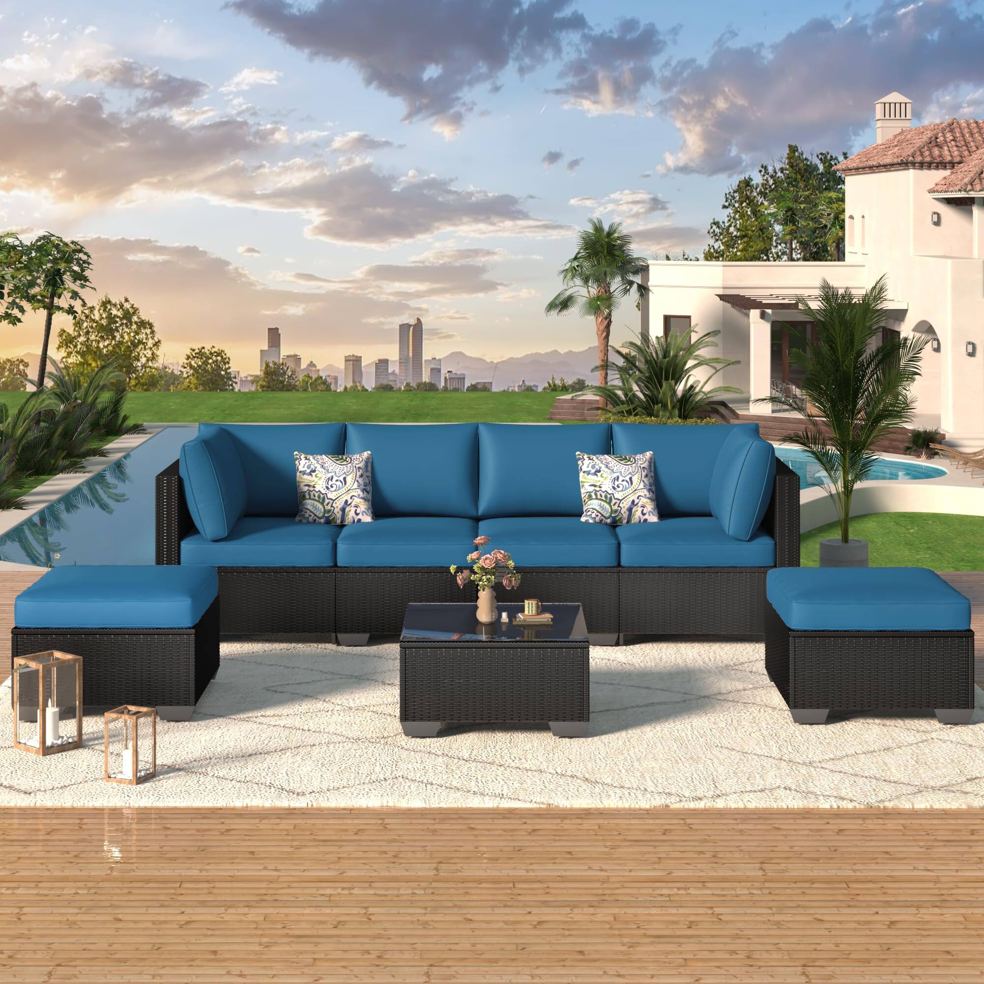 Mondawe - 7-Piece Rattan Sofa Set with Cushions and Versatile Ottomans - Blue+Black