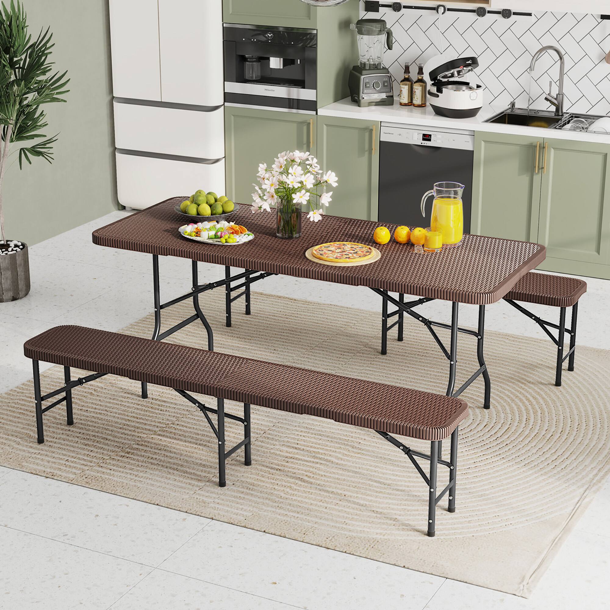 Alt View 3. Gymax - Gymax 3 Piece Folding Picnic Table Set w/ 6 ft Table & 2 Benches for Yard Camping - Coffee.