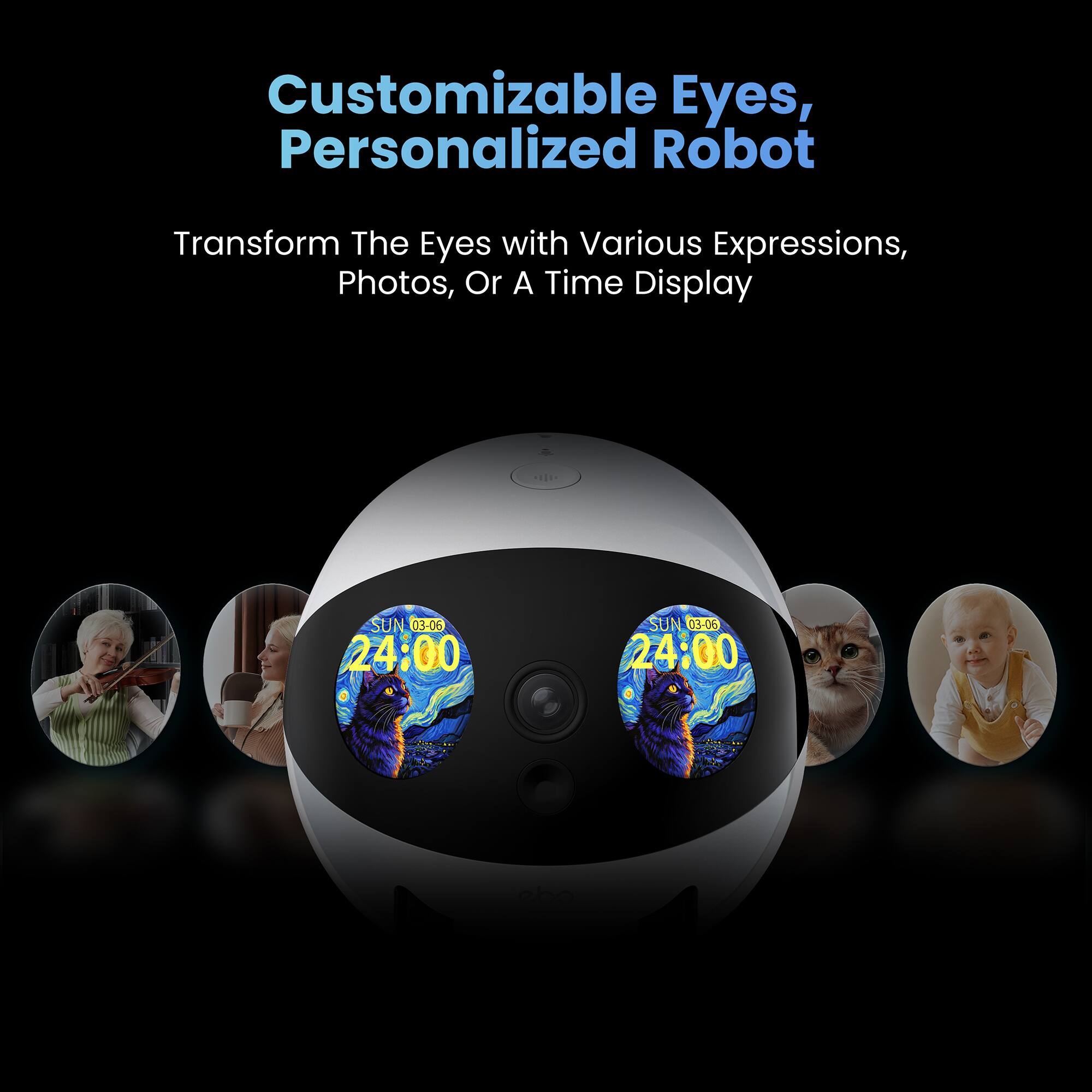 Customizable Eyes, Personalized Robot

Transform The Eyes with Various Expressions, Photos, Or A Time Display

SUN 03-06 24:00  
SUN 03-06 24:00