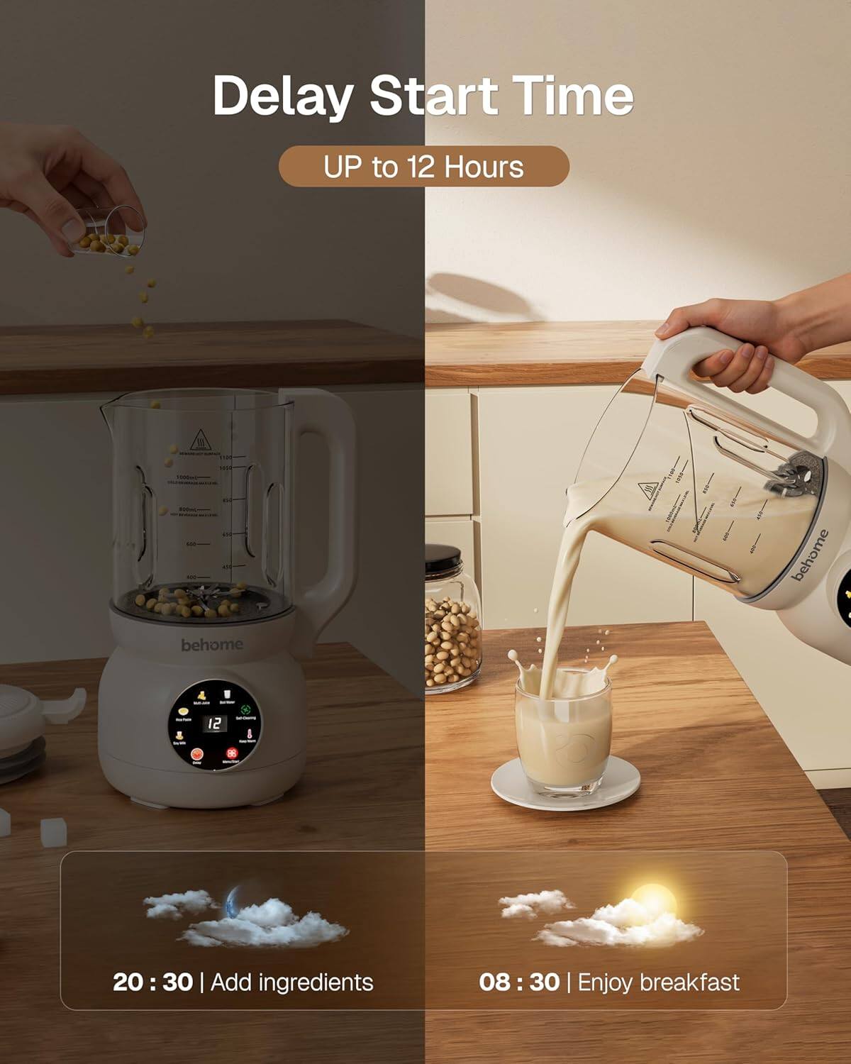 Delay Start Time  
UP to 12 Hours  

20:30 | Add ingredients  
08:30 | Enjoy breakfast
