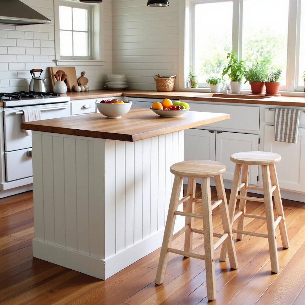 Alt View 3. FurniFact - Natural Solid Wood Kitchen Stools Set of 2, Bar Chairs for Counter Seating - Natural.