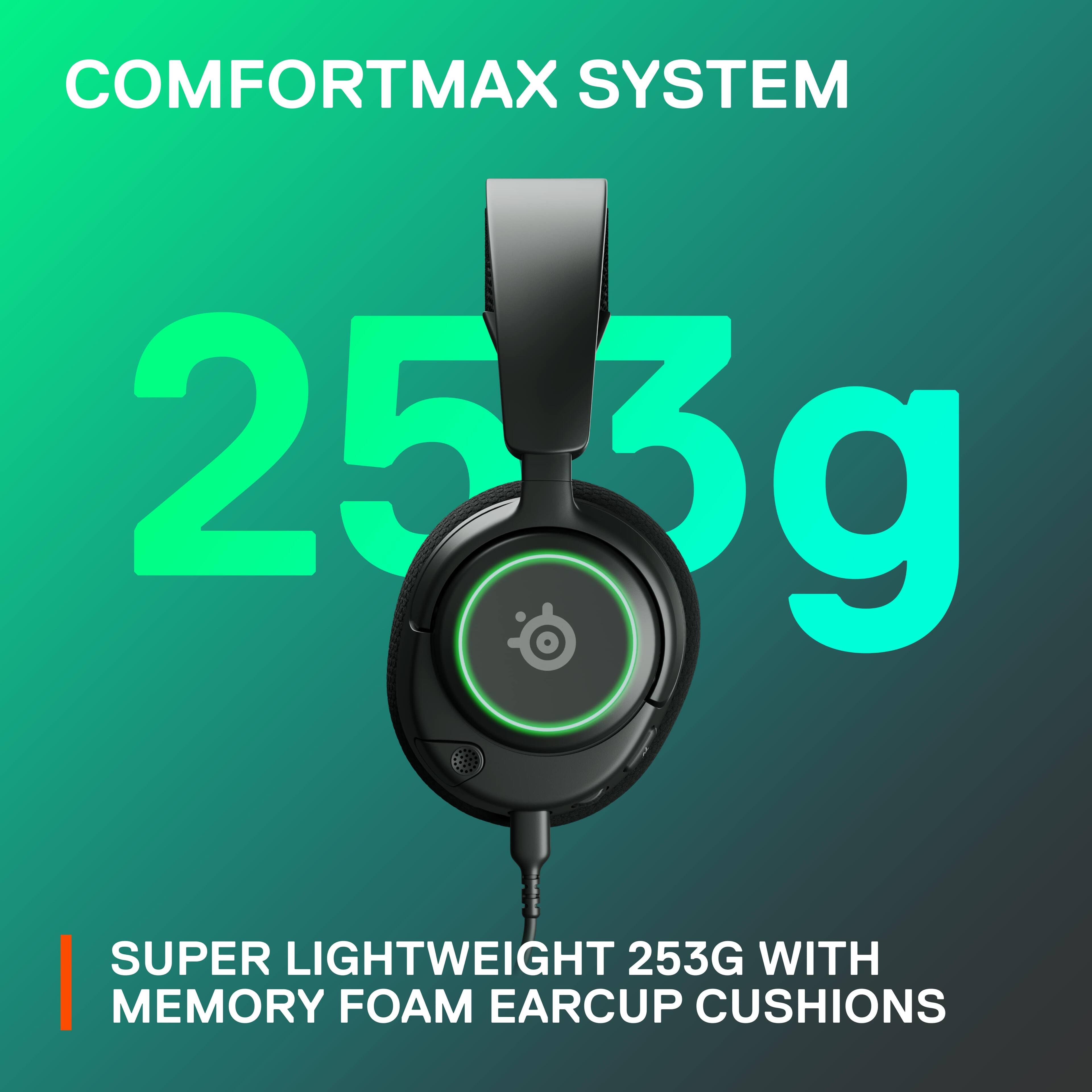 The text on the image is already grouped and correctly spelled. It reads: "ComfortMax System 25 253g Super Lightweight 253G with Memory Foam Earcup Cushions."