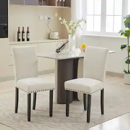 Acekool - Kitchen Table Set of 2 Beige Nailhead Fabric Dining Chairs for Dining Room, Home Office, Living Room - Off-white