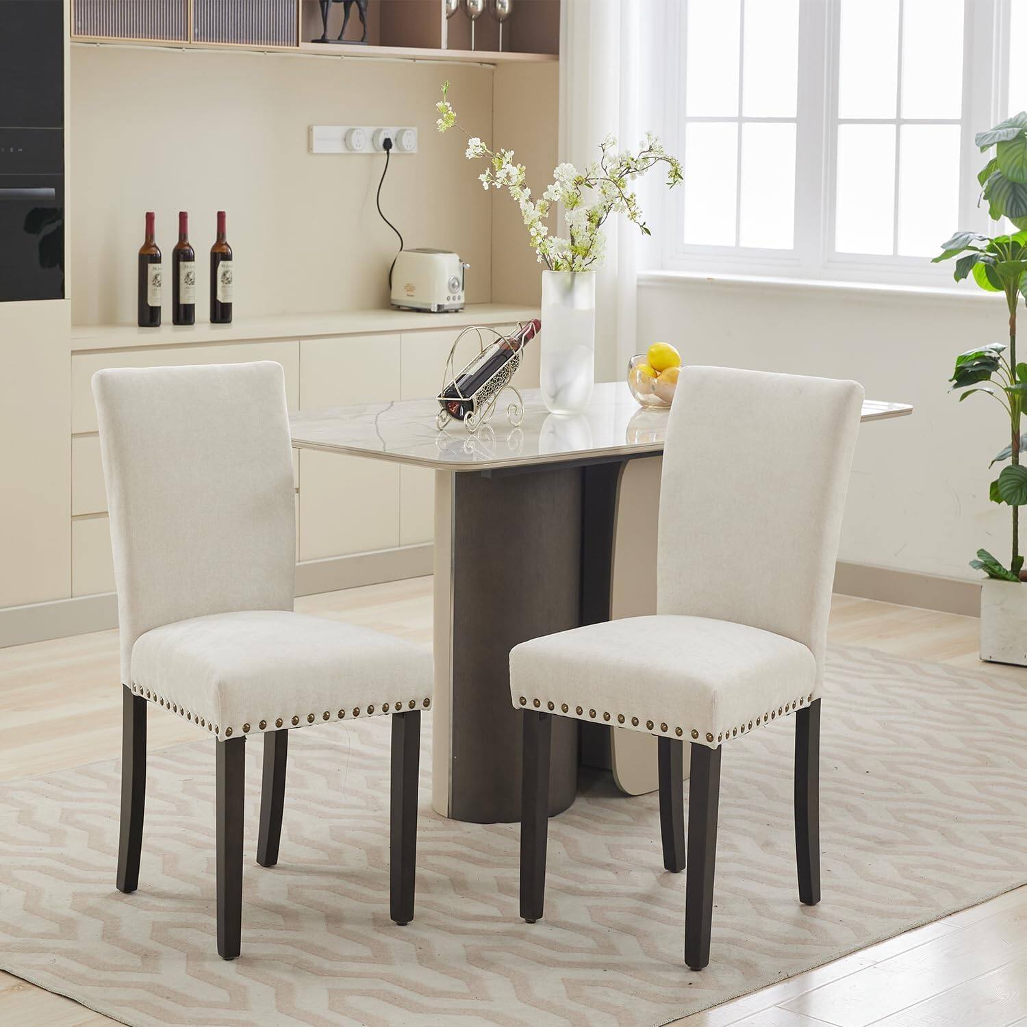 Front. Acekool - Kitchen Table Set of 2 Beige Nailhead Fabric Dining Chairs for Dining Room, Home Office, Living Room - Off-white.
