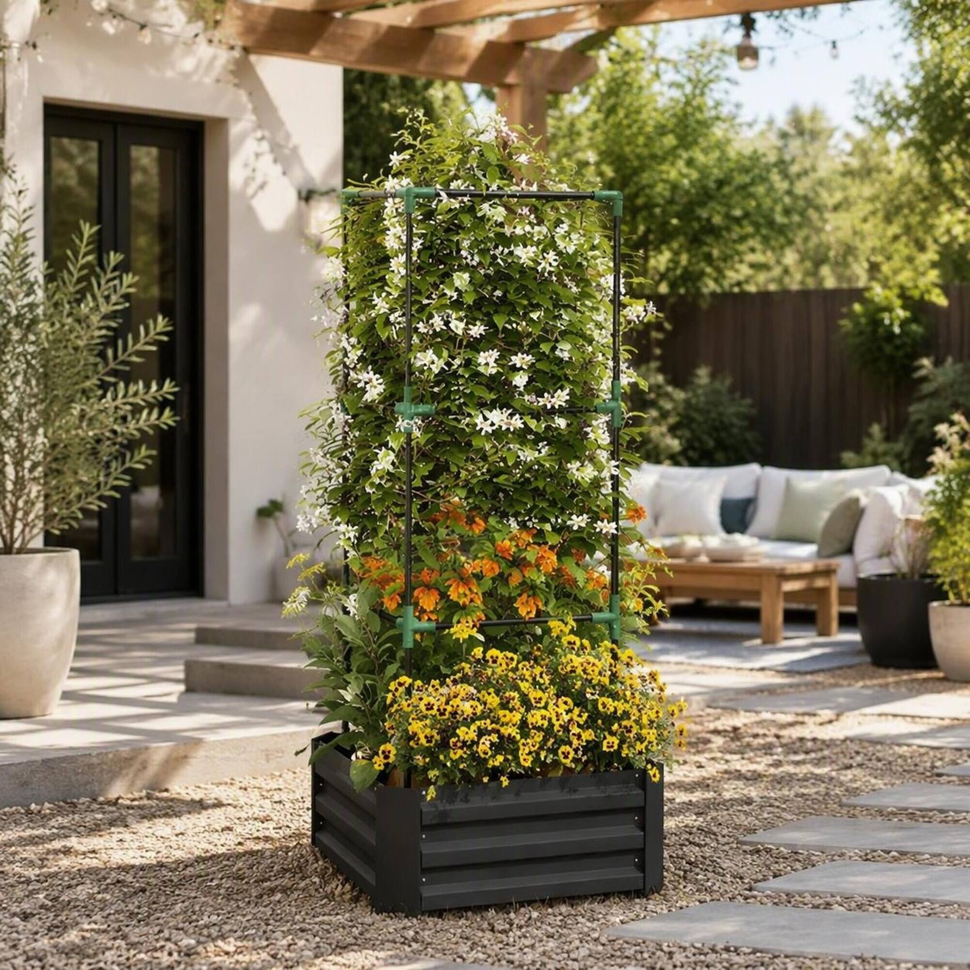Left. RYHNUYNE - Galvanized Steel Raised Garden Bed with Tomato Trellis Cage, Dark Gray Planter Box for Vegetables and Climbing - Dark Gray.