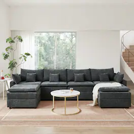 Ropilly - U Shaped Modular Sectional Sofa, Chenille Upholstered 6 Seat Deep Seat Couch, Black - Black