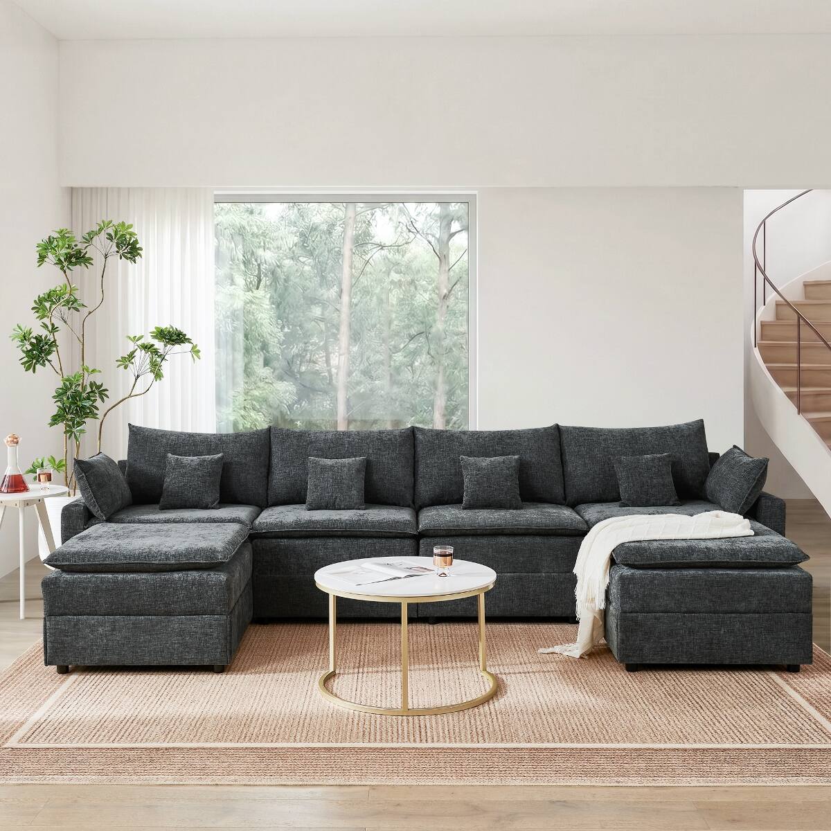 Front. Ropilly - Ropilly U Shaped Modular Sectional Sofa, Chenille Upholstered 6 Seat Deep Seat Couch, Black - Black.