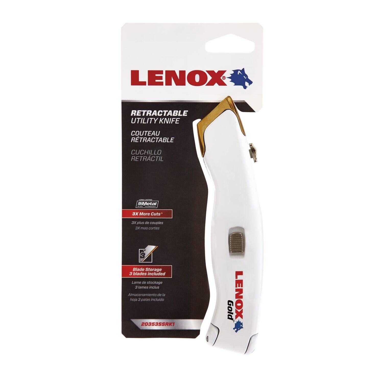LENIX RETRACTABLE UTILITY KNIFE  
COUTEAU RETRACTABLE  
CUCHILLO RETRACTIL  

EMetal  
2x More Cuts*  
3x plus de couples  
3X mas cortes  

5 Blade Storage  
blades included  
Lame de stockage  
3 lames inclus  
Almacenamiento de la hoja  
3 palas incluido  

20353SRK1  
Gold  
LENIX