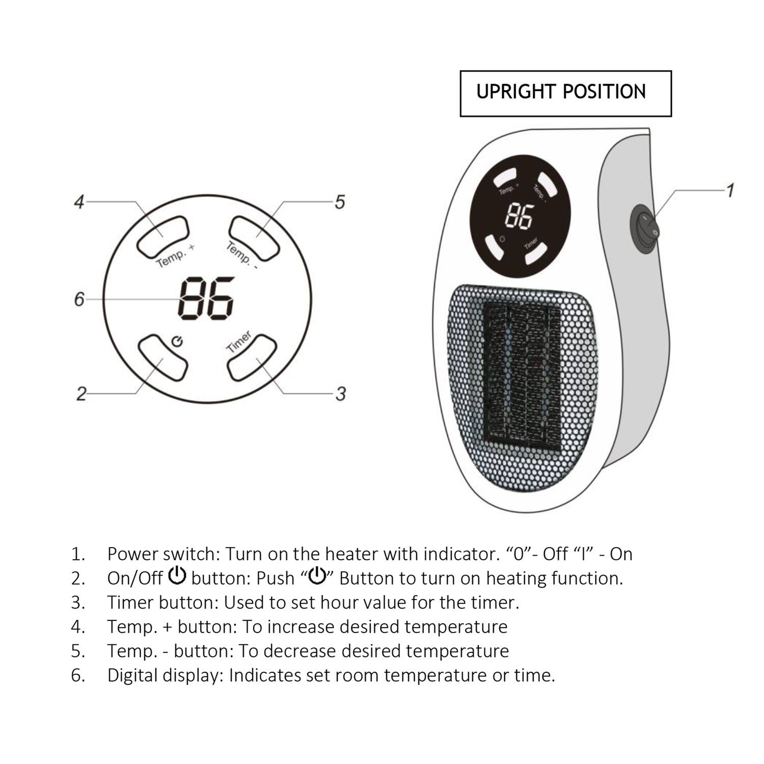 1. Power switch: Turn on the heater with indicator. "O" - Off "I" - On  
2. On/Off button: Push "I" Button to turn on heating function.  
3. Timer button: Used to set hour value for the timer.  
4. Temp. + button: To increase desired temperature  
5. Temp. - button: To decrease desired temperature  
6. Digital display: Indicates set room temperature or time.