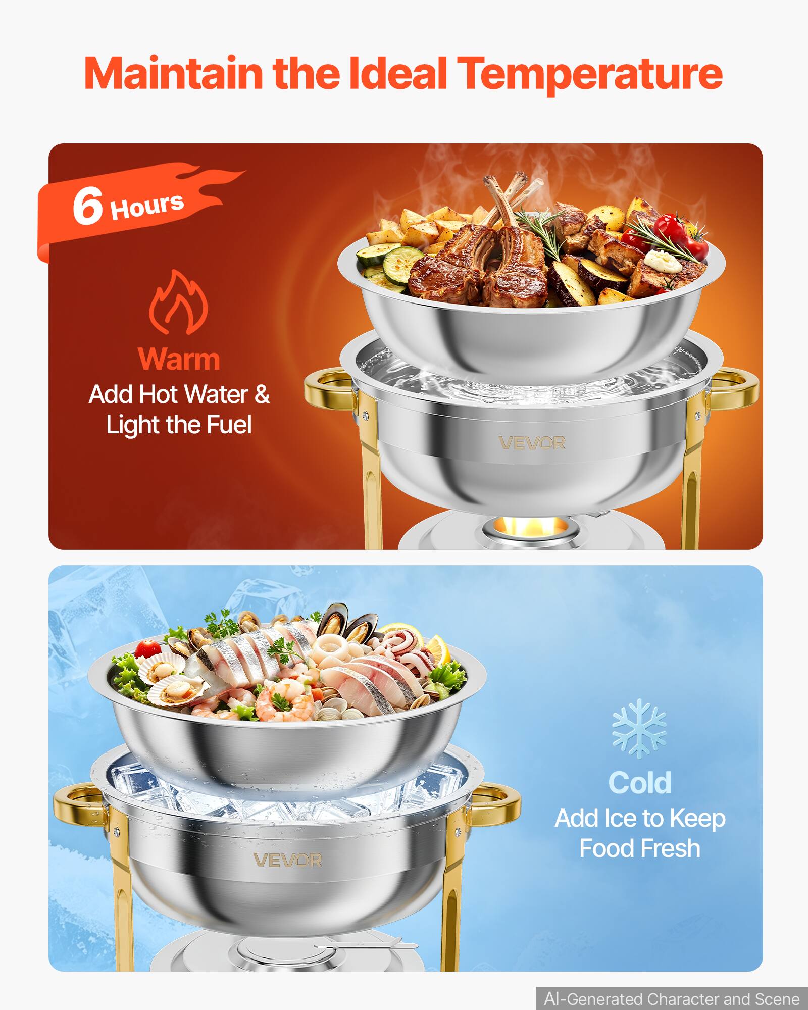 Maintain the Ideal Temperature

6 Hours

Warm
Add Hot Water & Light the Fuel

Cold
Add Ice to Keep Food Fresh

VEVOR

AI-Generated Character and Scene