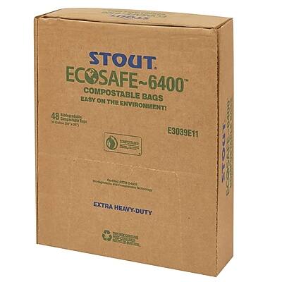 STOUT ECOSAFE~6400™ COMPOSTABLE BAGS EASY ON THE ENVIRONMENT!  
48 Bags 3 Gallon Biodegradable Compostable  
E3039E11  
EXTRA HEAVY-DUTY  
Certified ASTM D6400 Compostable  
Certified EN 13432 Compostable  
Certified OK Compost