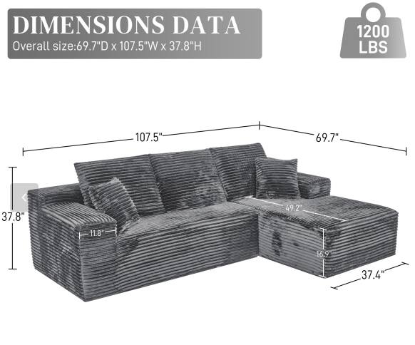 DIMENSIONS DATA  
Overall size: 69.7"D x 107.5"W x 37.8"H  
1200 LBS  
107.5"  
69.7"  
37.8"  
49.2"  
2  
11.8"  
16.9"  
37.4"
