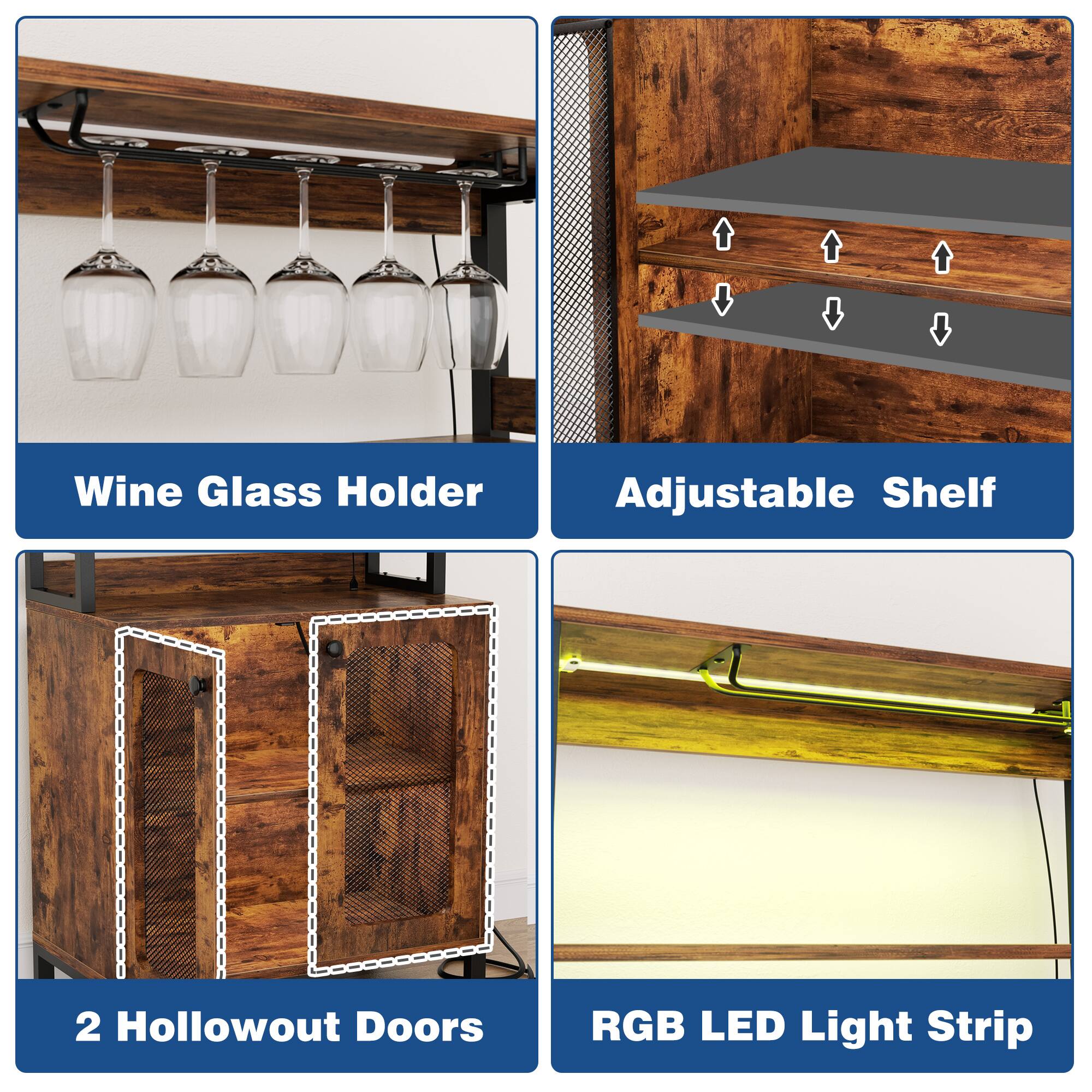 - Wine Glass Holder
- Adjustable Shelf
- 2 Hollowout Doors
- RGB LED Light Strip