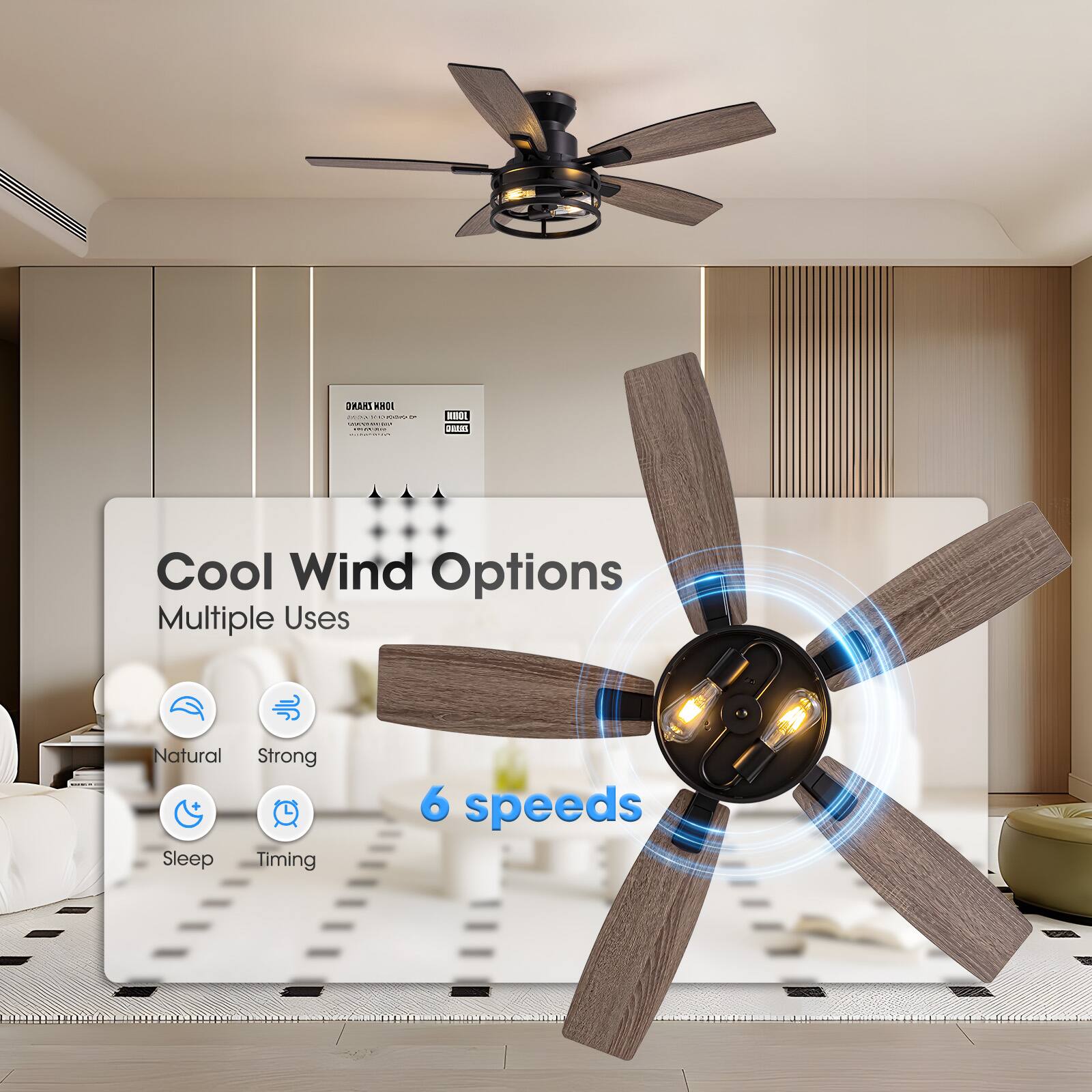 Cool Wind Options  
Multiple Uses  
6 speeds  

Natural  
Strong  
Sleep  
Timing