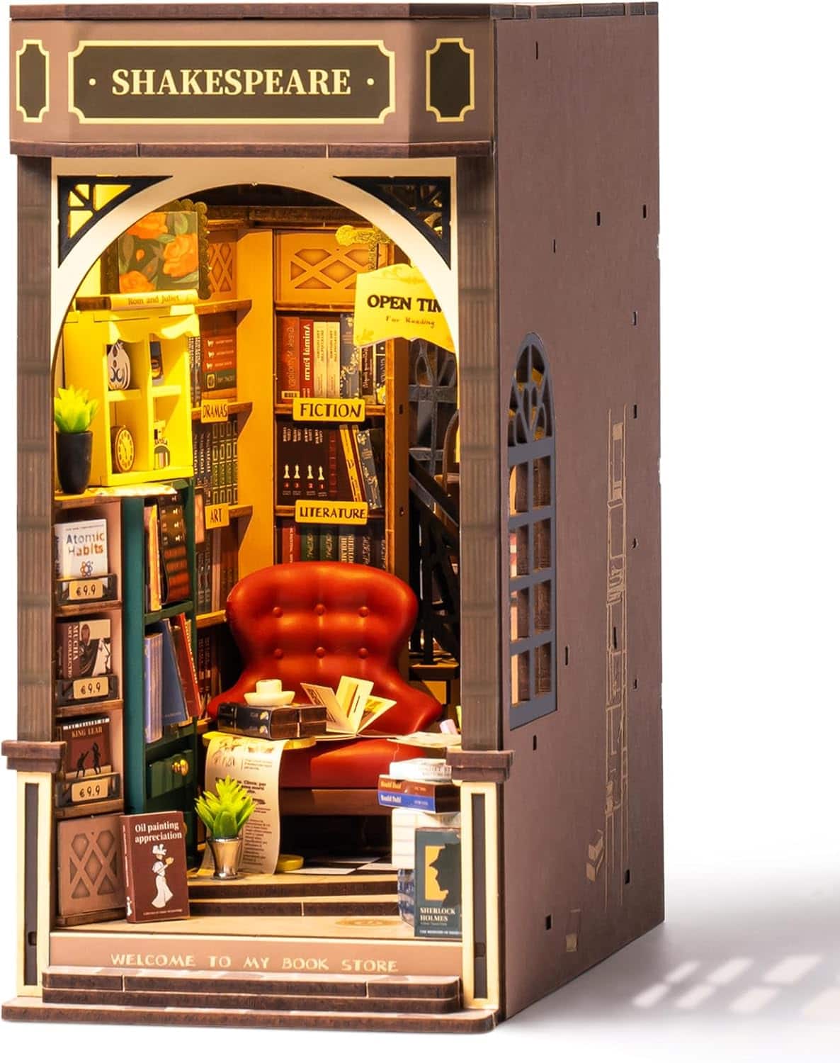 Robotime - Rolife DIY Book Nook Kit 3D Wooden Puzzles for Adults 8.6" Bookstore Miniature House Kit Booknook Bookshelf Insert Decor - Brown