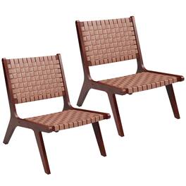 Costway - Set of 2 Woven Leather Accent Chair Mid Century Rubber Wood Armless Side Chair - Brown