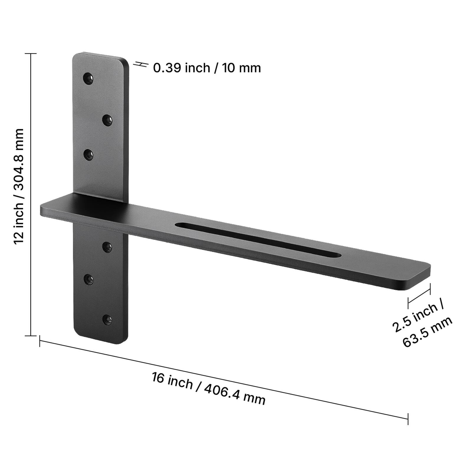 0.39 inch / 10 mm, 12 inch / 304.8 mm, 2.5 inch / 63.5 mm, 16 inch / 406.4 mm