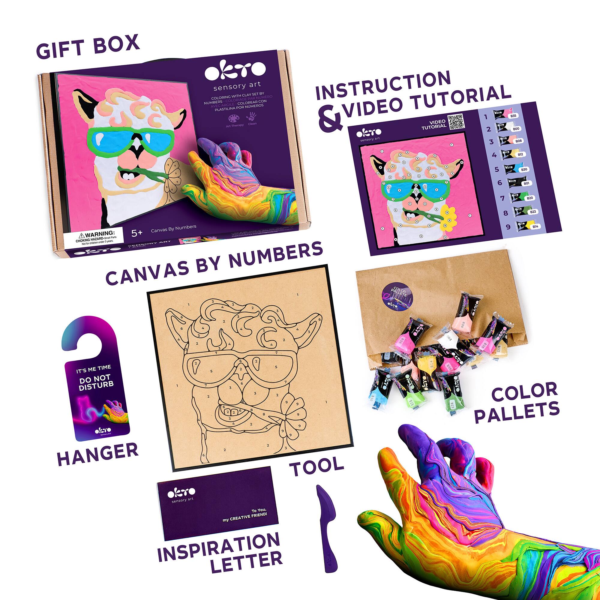 GIFT BOX  
okro sensory art  
CANVAS BY NUMBERS  

INSTRUCTION & VIDEO TUTORIAL  
okro sensory art  

HANGER  
IT'S ME TIME DO NOT DISTURB  

TOOL  

INSPIRATION LETTER  
To you, my creative friend  

COLOR PALLETS