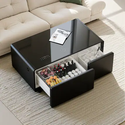 Front. Livtab - Smart Coffee Table with Refrigeration, Freezer Drawer, Wireless Charging, Bluetooth Speaker, Perfect for Living Spaces - BLACK.