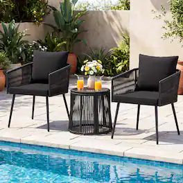 Gymax - 3PCS Outdoor Furniture Set Patio Wicker Chairs & Round Side Table Set w/Cushions - Black