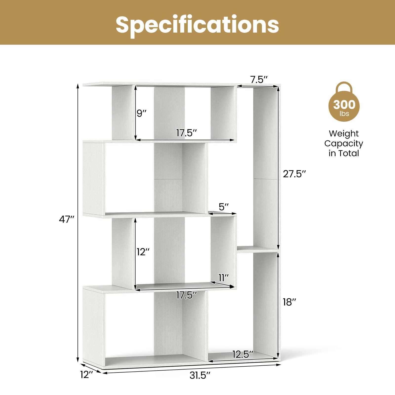 Specifications: 7.5", 9", 27.5", 47", 5", 12", 11", 17.5", 18", 12.5", 12", 31.5"

Weight Capacity in Total: 300 lbs